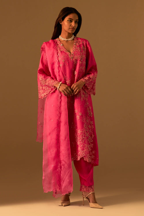 Hot Pink Floral Embroidered Organza Dupatta
