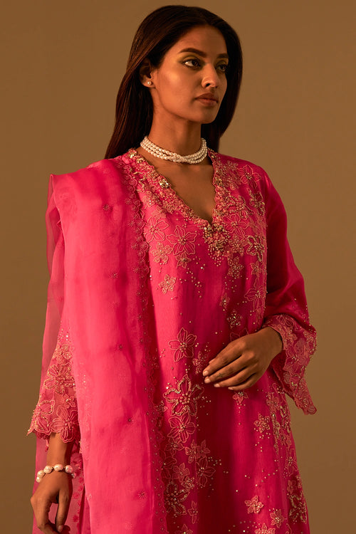 Hot Pink Floral Embroidered Organza Dupatta