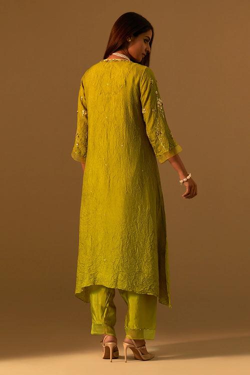 Henna Crushed Silk Embroidered Kurta Set