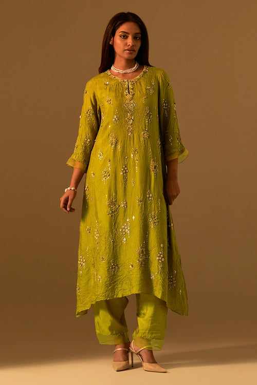 Henna Crushed Silk Embroidered Kurta Set