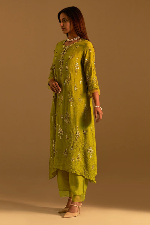 Henna Crushed Silk Embroidered Kurta Set