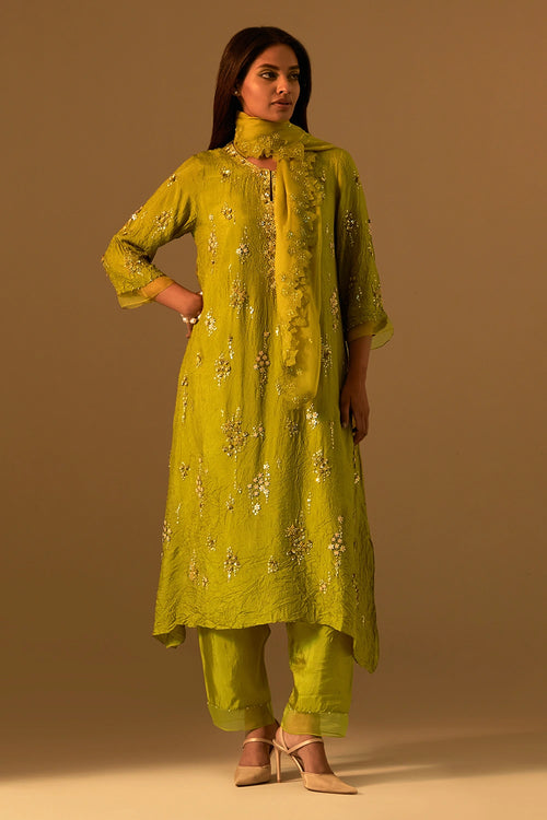 Floral Embroidered Organza Henna Dupatta