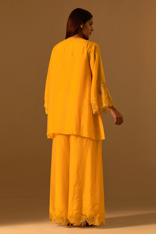 Saffron Floral Threadwork Organza Sharara Set
