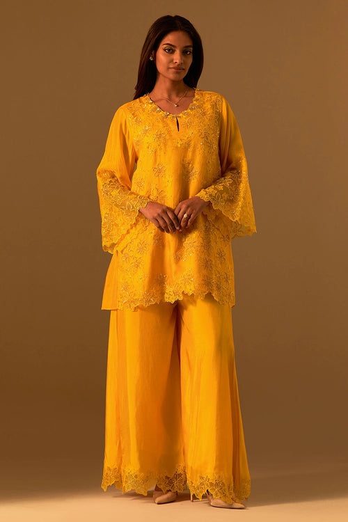 Saffron Floral Threadwork Organza Sharara Set