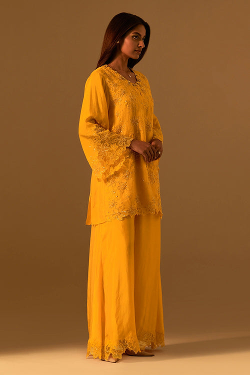 Saffron Floral Threadwork Organza Sharara Set