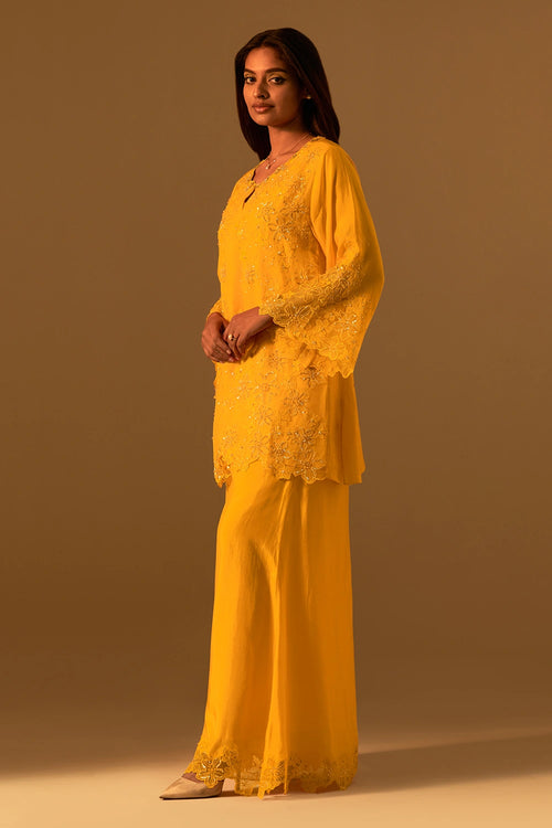 Saffron Floral Threadwork Organza Sharara Set