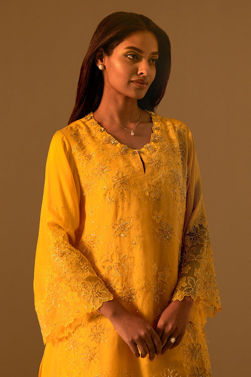 Saffron Floral Threadwork Organza Sharara Set
