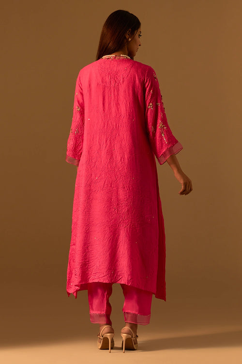 Hot Pink Crushed Silk Embroidered Kurta Set