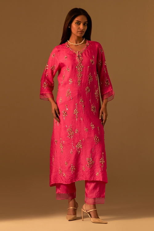 Hot Pink Crushed Silk Embroidered Kurta Set