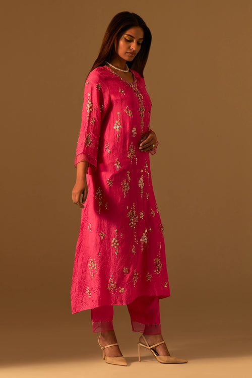 Hot Pink Crushed Silk Embroidered Kurta Set