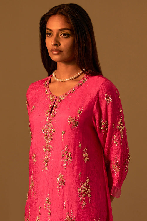 Hot Pink Crushed Silk Embroidered Kurta Set