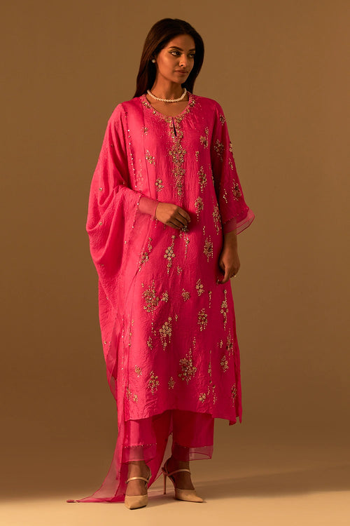 Hot Pink Sequined Organza Border Dupatta
