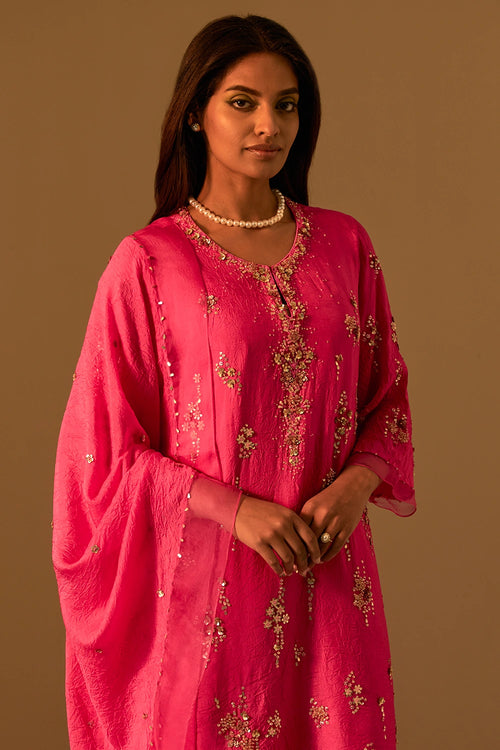 Hot Pink Sequined Organza Border Dupatta