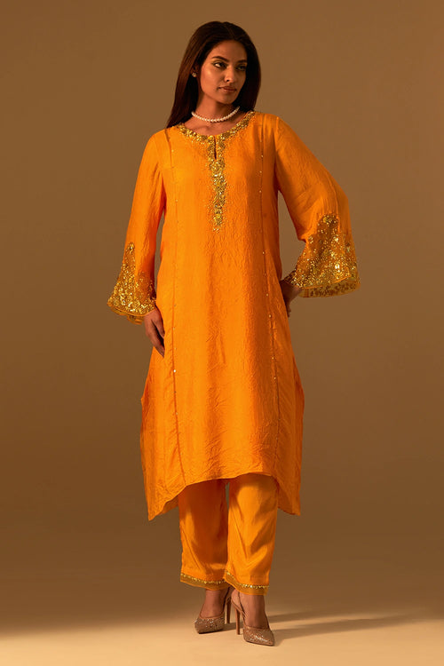 Tangerine Embellished Silk Kurta Set
