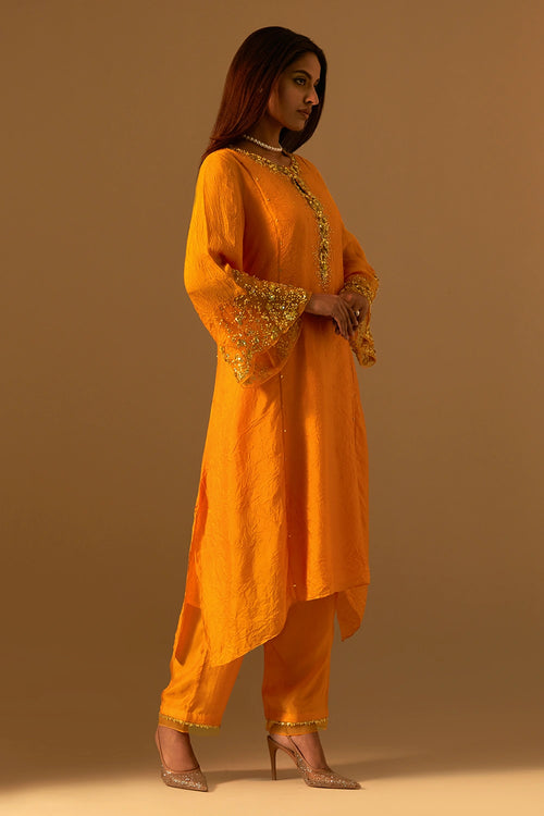 Tangerine Embellished Silk Kurta Set
