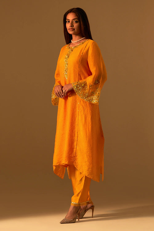 Tangerine Embellished Silk Kurta Set