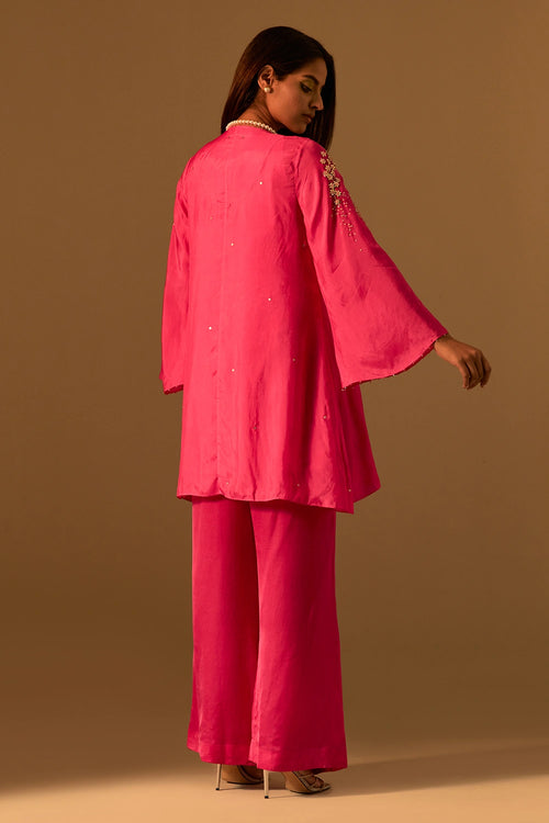 Hot Pink Floral Embroidered Silk Co-ord Set