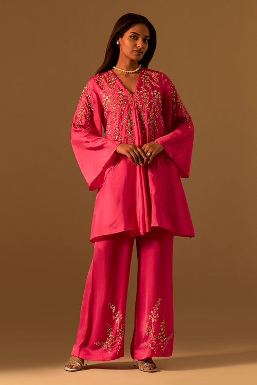 Hot Pink Floral Embroidered Silk Co-ord Set