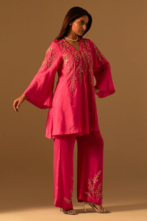 Hot Pink Floral Embroidered Silk Co-ord Set