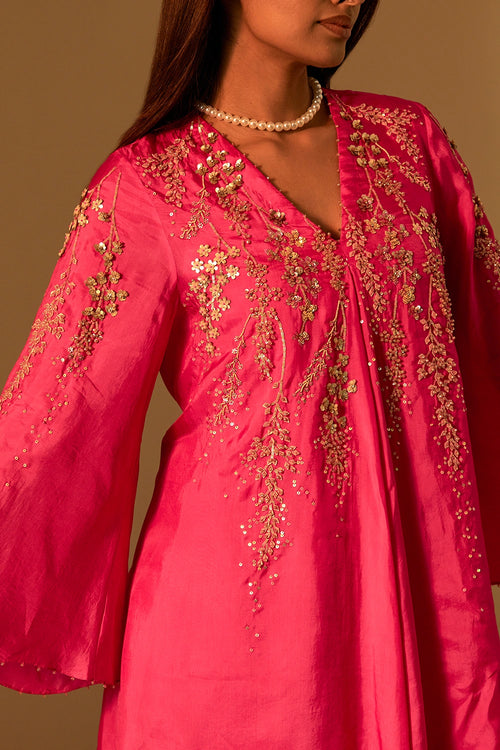 Hot Pink Floral Embroidered Silk Co-ord Set