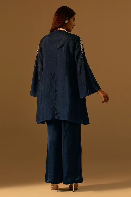 Navy Floral Embroidered Silk Co-ord Set