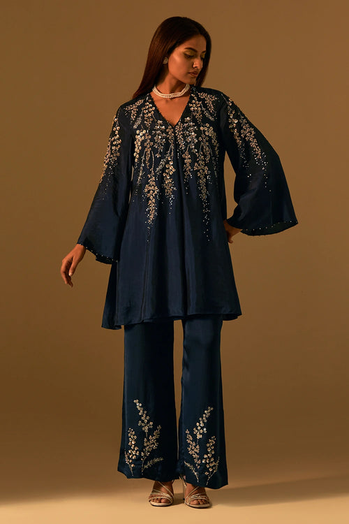 Navy Floral Embroidered Silk Co-ord Set
