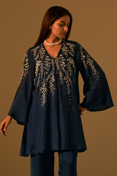 Navy Floral Embroidered Silk Co-ord Set
