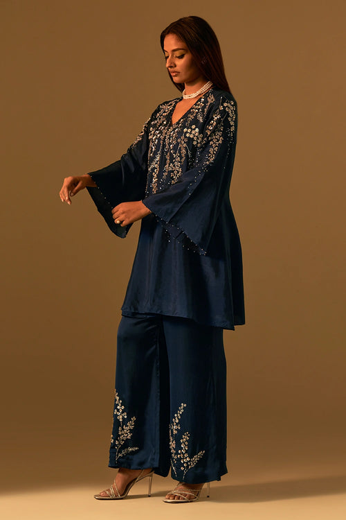 Navy Floral Embroidered Silk Co-ord Set
