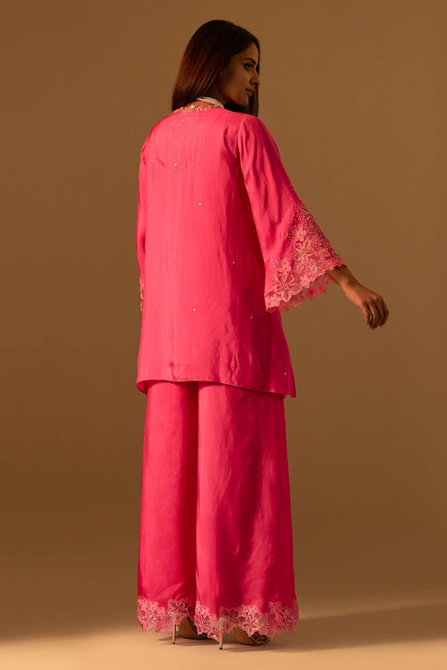 Hot Pink Floral Threadwork Organza Sharara Set
