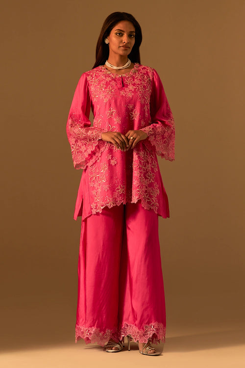 Hot Pink Floral Threadwork Organza Sharara Set