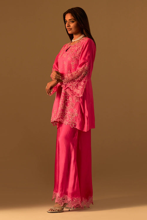 Hot Pink Floral Threadwork Organza Sharara Set