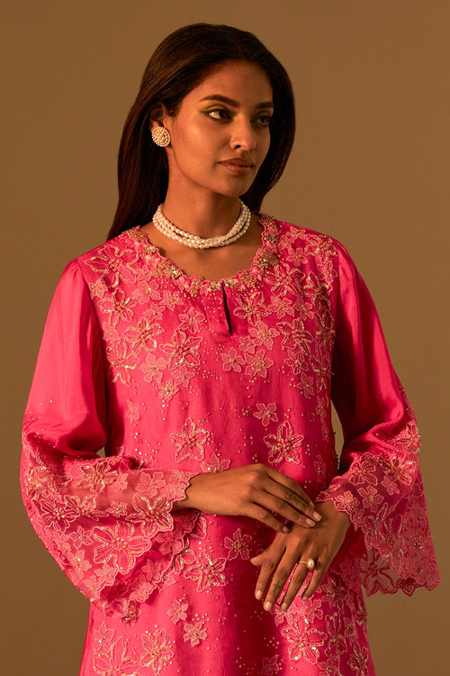 Hot Pink Floral Threadwork Organza Sharara Set