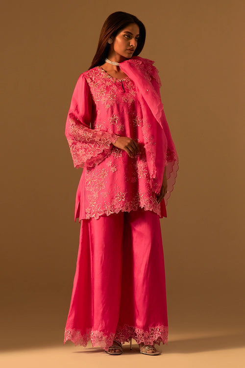 Floral Embroidered Hot Pink Organza Dupatta