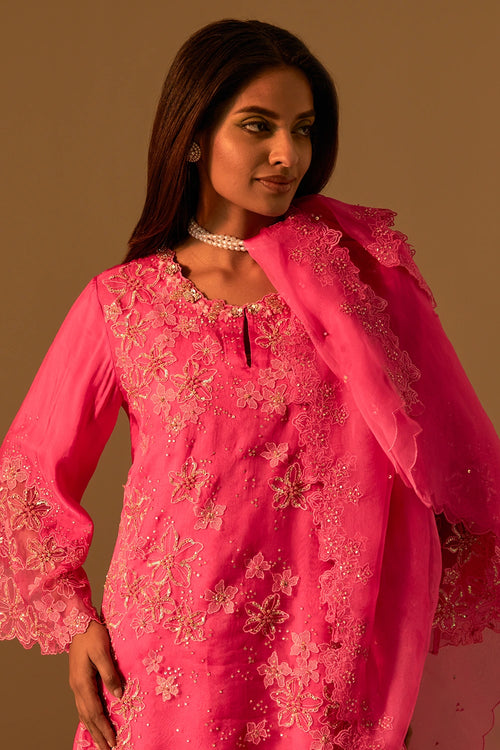 Floral Embroidered Hot Pink Organza Dupatta