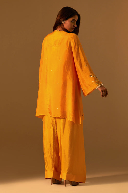 Tangerine Embroidered Yoke Silk Salwar Set