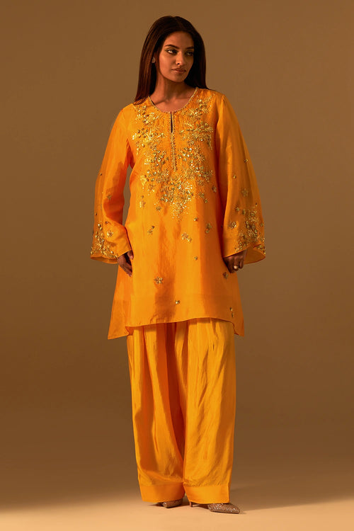 Tangerine Embroidered Yoke Silk Salwar Set
