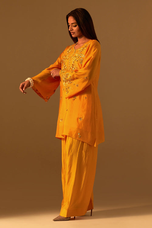 Tangerine Embroidered Yoke Silk Salwar Set