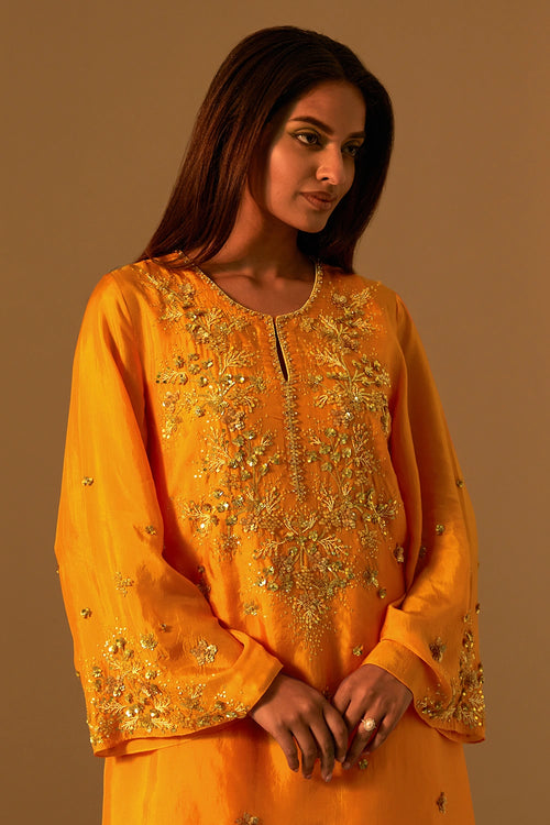 Tangerine Embroidered Yoke Silk Salwar Set