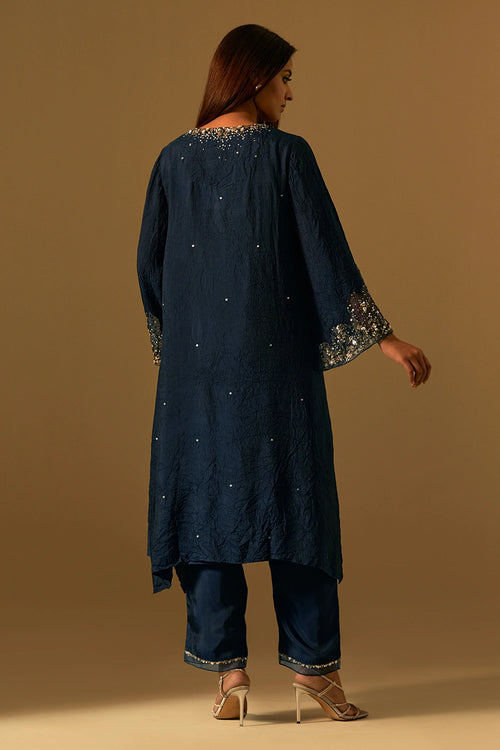 Navy Embellished Silk Kurta Set