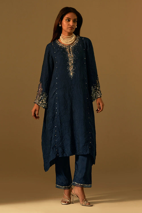 Navy Embellished Silk Kurta Set