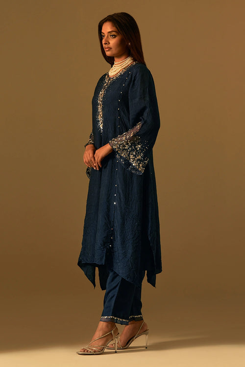 Navy Embellished Silk Kurta Set