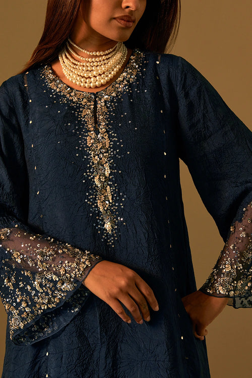 Navy Embellished Silk Kurta Set