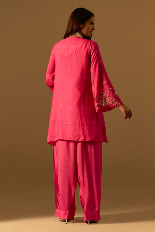 Hot Pink Embroidered Yoke Silk Salwar Set