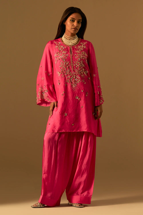 Hot Pink Embroidered Yoke Silk Salwar Set