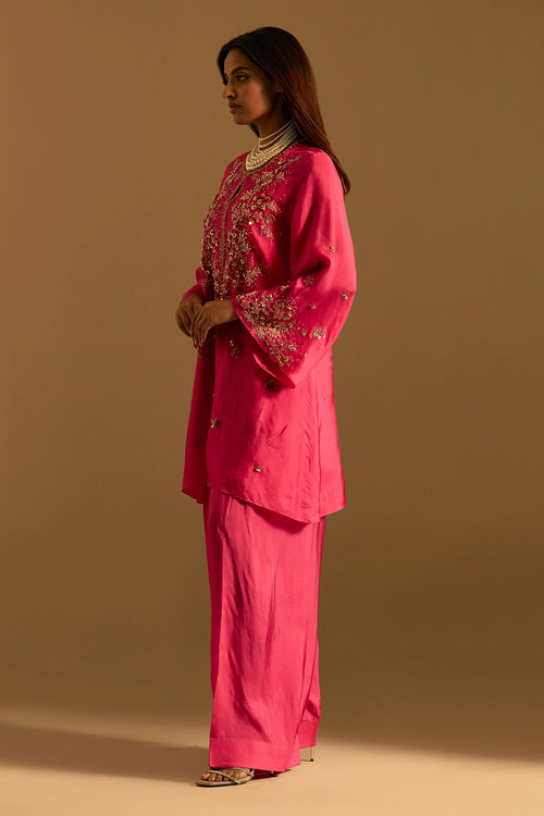 Hot Pink Embroidered Yoke Silk Salwar Set