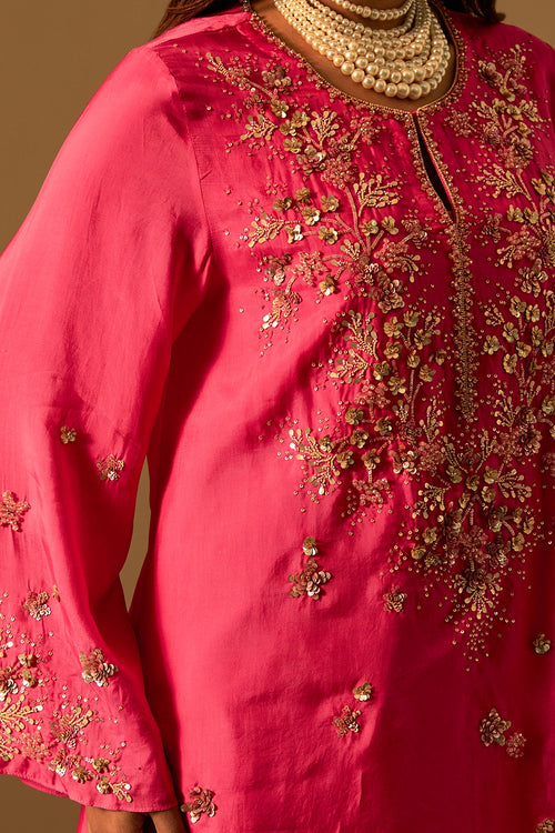 Hot Pink Embroidered Yoke Silk Salwar Set