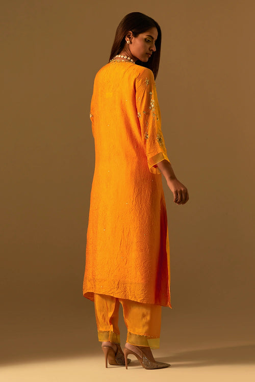 Tangerine Crushed Silk Embroidered Kurta Set