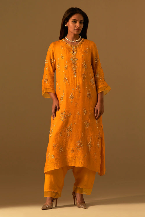 Tangerine Crushed Silk Embroidered Kurta Set
