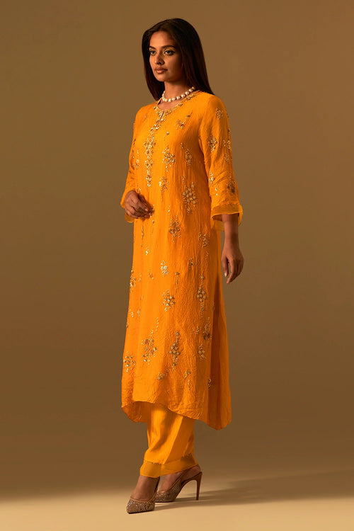 Tangerine Crushed Silk Embroidered Kurta Set
