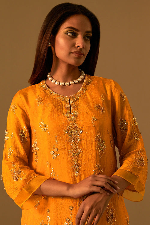 Tangerine Crushed Silk Embroidered Kurta Set